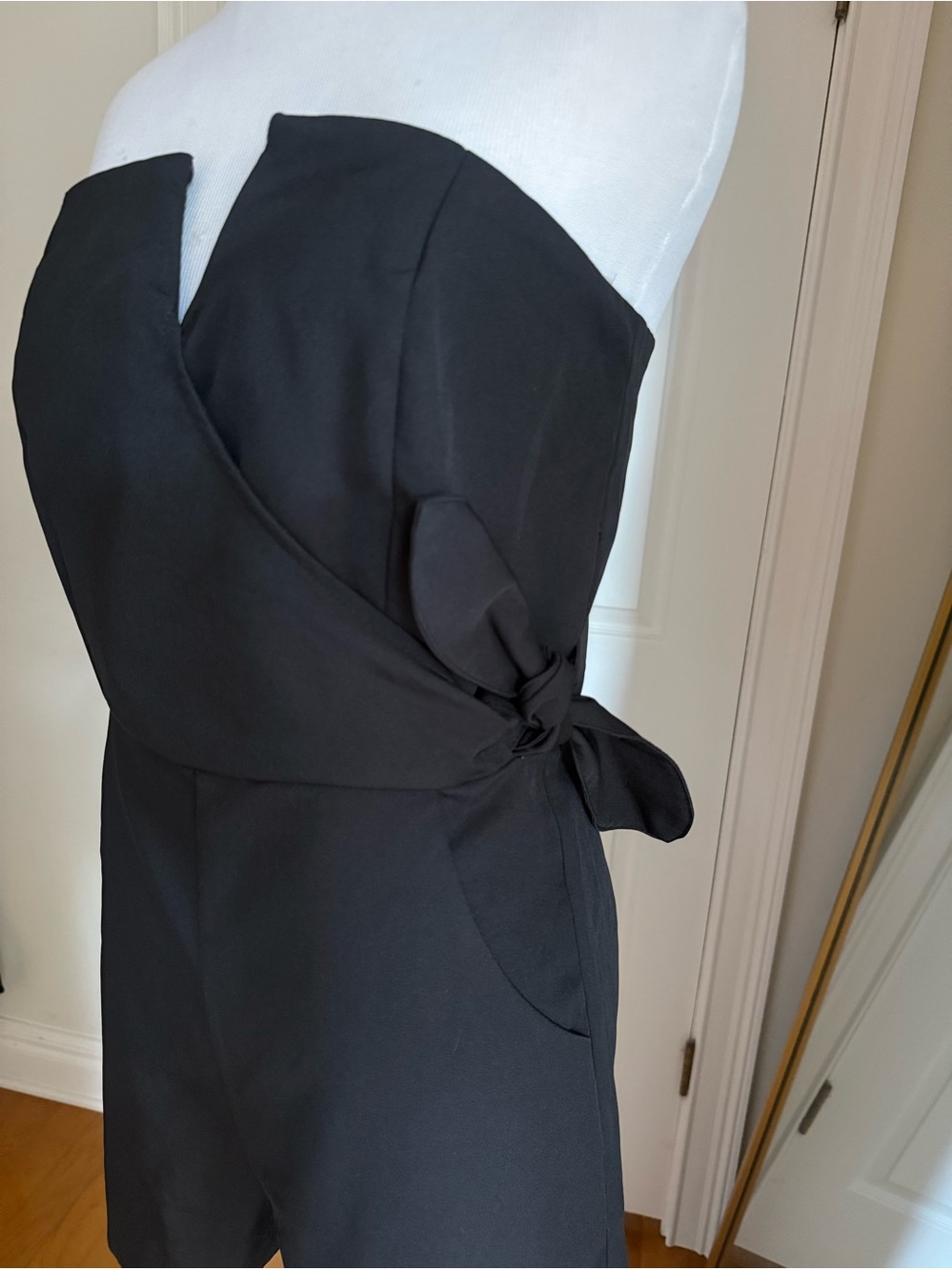 She + Sky Black Tailored shorts romper in size medium with cute side tie! - Picture 3 of 6